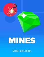 The image shows the Mines game by Stake Originals, featuring a green gem alongside a bomb on a blue background, with the text "MINES" and "STAKE ORIGINALS" displayed below. This corresponds to option 1 in the poll asking users which Stake Original game they would remove.