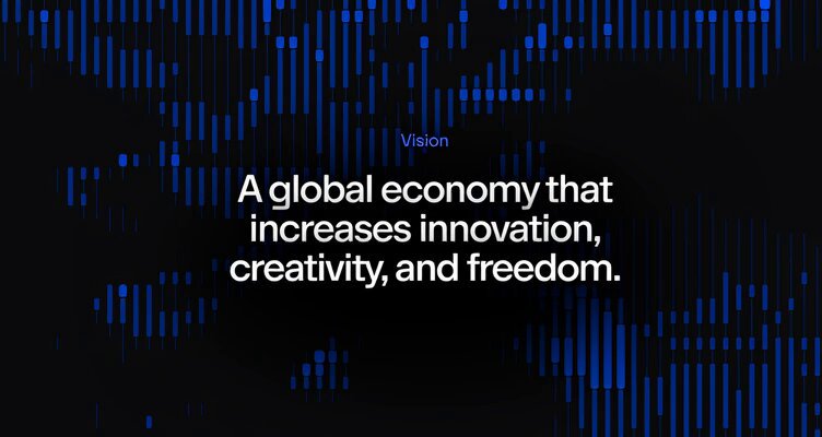 The image features a large blue screen with white text that reads "A global economy that increases innovation, creativity, and freedom." The background of the image consists of blue lines and dots, creating an abstract pattern. The overall layout suggests that this is part of a larger project or campaign related to the concept of innovation and its impact on society.