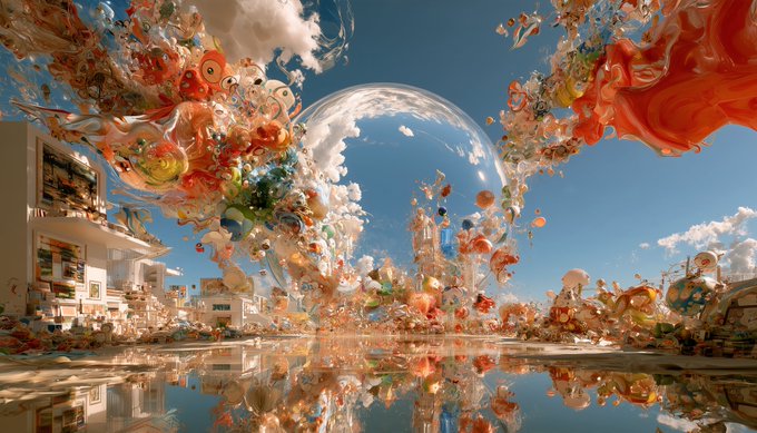 Surreal digital artwork depicting a transparent sphere on a reflective surface, with colorful abstract splashes and architectural elements set against a blue sky.