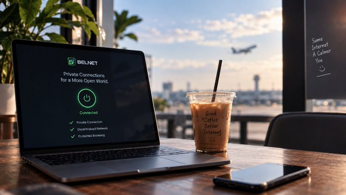 A laptop displaying a Belnet VPN connection screen reading 'Private Connections for a More Open World' with 'Connected' status, sitting next to an iced coffee cup inscribed with 'Good Coffee Better Internet' by an airport window.