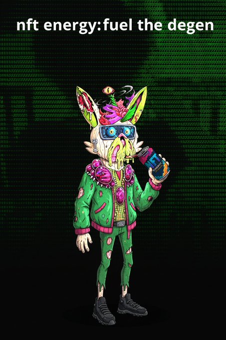 A vibrant, cyberpunk-style illustration of a zombified rabbit character in a green tracksuit with pink gems, dripping with neon colors, holding a spray can against a binary code background. Text at top reads 'nft energy: fuel the degen'.