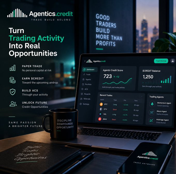 Agentics.credit advertisement with the slogan 'TRADE BUILD BELONG' and 'Turn Trading Activity Into Real Opportunities,' promoting features like Paper Trade, Earn $CREDIT, Build ACS, and Unlock Future Credit Opportunities.