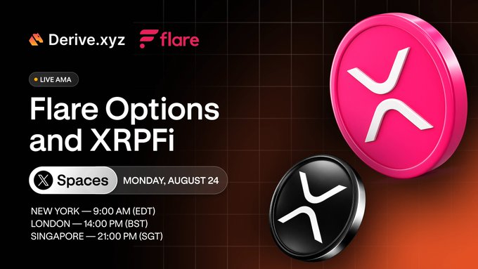 A promotional graphic for a live AMA X Spaces event titled "Flare Options and XRPFi," co-hosted by Derive.xyz and Flare on Monday, August 24, with times listed for New York (9:00 AM EDT), London (14:00 PM BST), and Singapore (21:00 PM SGT). The image features pink and black XRP coin graphics against a dark gradient background, directly promoting the upcoming discussion about generating yield on XRP through options heading into the next bull market.