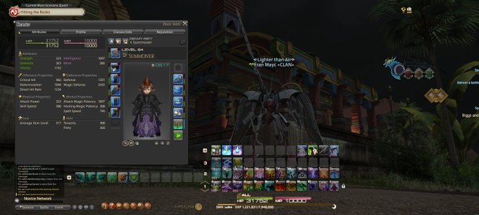 A screenshot from Final Fantasy XIV showing a character 'Plein Mayo' with the 'Sumerter' title in the character menu, displaying stats and equipment.