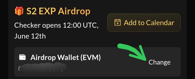 The image shows a computer screen with an app that allows users to change their wallet address before the expiration date of the cryptocurrency checkservice. It is titled "Airdrop Wallet EVM" and has a green arrow pointing to the Change button. Below the checker, there's a calendar showing the dates when the expiring checkservice will be open for users. The image also contains some text that provides additional information about updating wallet addresses.