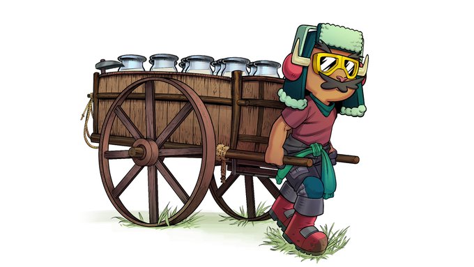 A cartoon illustration of a mustachioed character wearing yellow ski goggles and a winter hat, pulling a wooden cart full of milk jugs.