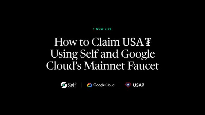 A title card reading 'How to Claim USAT Using Self and Google Cloud's Mainnet Faucet' with logos for Self, Google Cloud, and USAT, marked as 'NOW LIVE'.