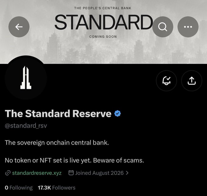 X/Twitter profile page for 'The Standard Reserve' (@standard_rsv) with banner 'STANDARD - THE PEOPLE'S CENTRAL BANK - COMING SOON,' description 'The sovereign onchain central bank,' warning 'No token or NFT set is live yet. Beware of scams,' showing 17.3K followers and joined August 2026.
