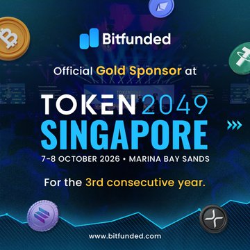 A promotional banner for 'Bitfunded' announcing their Official Gold Sponsorship at TOKEN 2049 SINGAPORE on 7-8 October 2026 at Marina Bay Sands, marking their 3rd consecutive year.
