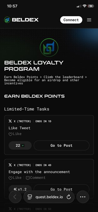 A mobile screenshot of the Beldex Loyalty Program displaying limited-time tasks like liking and commenting on X (Twitter) posts to earn points.