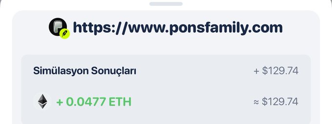 A mobile browser displays the ponsfamily.com site showing simulation results with "+ 0.0477 ETH" (~$129.74) reward. This relates to the post about Pons, a platform that reportedly rewards users approximately $130 in ETH for creating new tokens on the Robinhood chain via Farcaster.