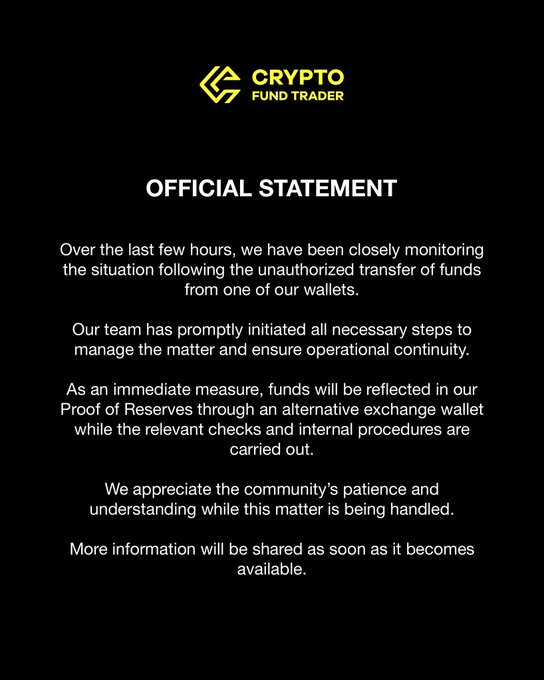 The image shows an advertisement for Crypto Fund Trader offering an "Official Statement", detailing a situation that has happened at the trading house where they operate. It emphasizes that the amount of reserves, which was once $1.8 million, is now gone due to a robbery, and the traders are in need of more funds. The primary focus of the advertisement is related to Cryptos, as indicated by the use of words like "Crypto" and "Crypto Fund Trader".