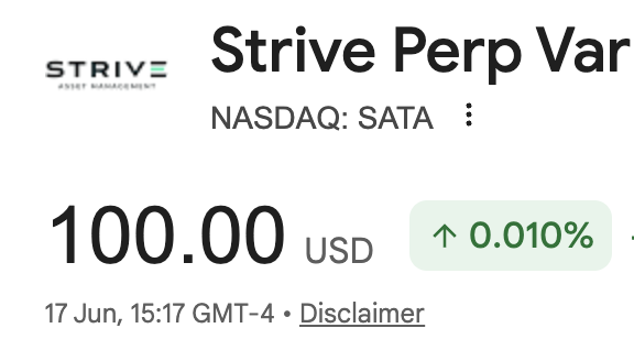 In the image, there is a close-up of an advertisement for Strive Perp Var bonds that are backed by Bitcoin. The ad features text describing the bond offerings from Strive, such as daily dividends and Bitcoin price appreciation. A green button indicates that more information about the investment can be found on Strive's website, while a gray background provides a contrast to the white text in the image.