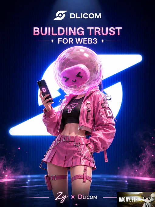 A promotional banner for DLICOM featuring 'BUILDING TRUST FOR WEB3' with a stylized character in pink outfit wearing a space helmet and holding a phone marked with 'D'.