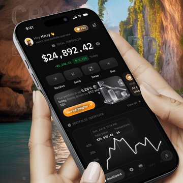 A close-up shows hands holding a smartphone displaying a crypto portfolio app with the name "Harry Harry" and a Bitcoin balance of "$4,892.42" showing daily changes.