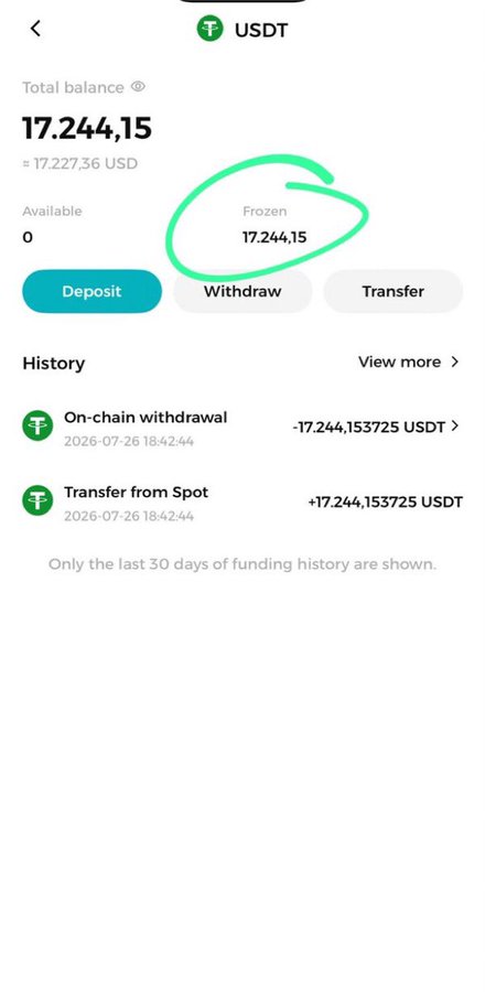 Mobile app screenshot showing a USDT wallet with 17,244.15 frozen balance (circled in green), displaying on-chain withdrawal and transfer history from July 26, 2026.