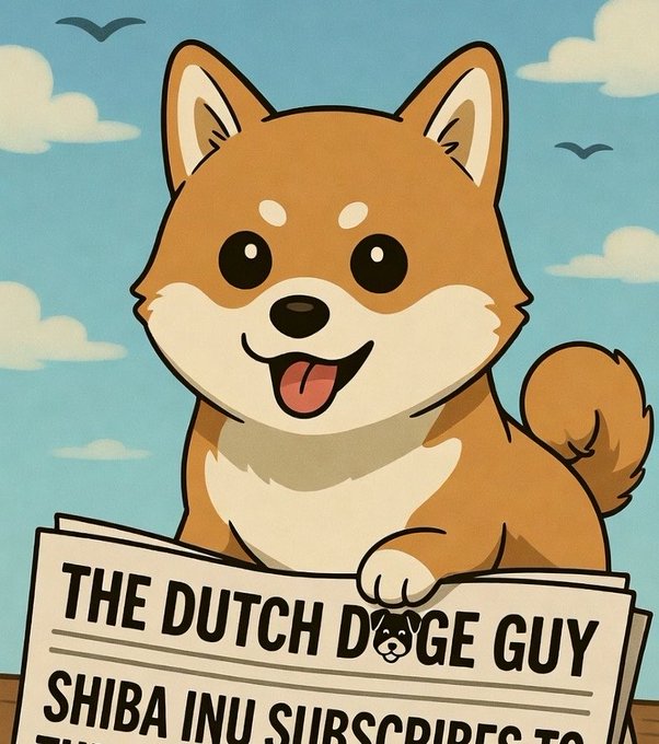 A cartoon illustration of a Shiba Inu dog holding a newspaper titled "THE DUTCH DOGE GUY" with "SHIBA INU SUBSCRIBES TO" partially visible below.