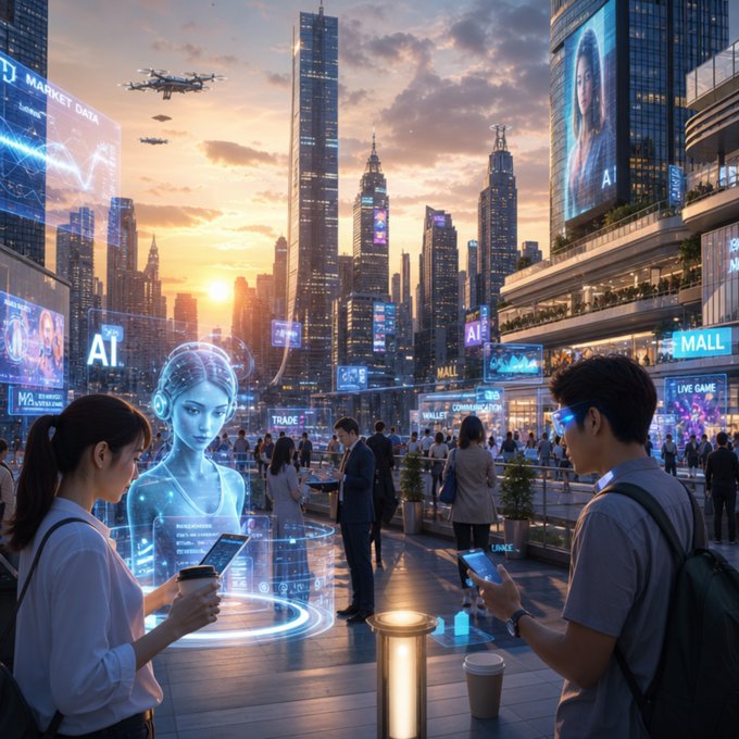 A futuristic cityscape at sunset featuring skyscrapers, flying drones, digital billboards displaying AI advertisements, and people interacting with holographic displays and smartphones on a pedestrian walkway.