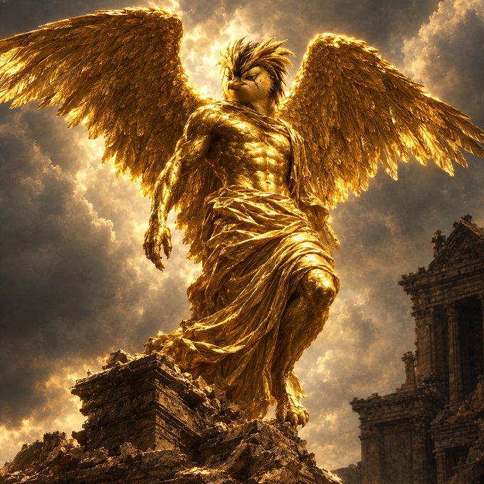 A majestic golden winged figure with a humanoid body and feathery wings stands atop ancient ruins, bathed in dramatic golden light against a cloudy sky.