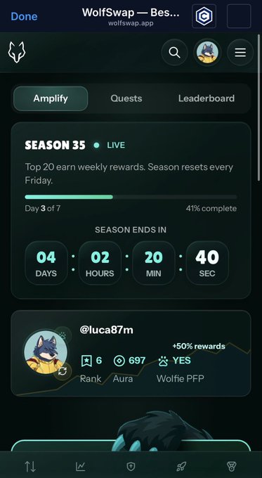 A screenshot of an app titled WolfSwap showing a list of followers, their ranks, and daily rewards. The topmost post highlights a season 35 in the app with a leaderboard feature for a game called WolfWarp!. The following post talks about the current rank of @wolfswapdogies (with her name listed) and the grind they are going through as Season 35 starts in 4 days.