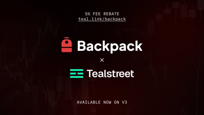 The image features a promotional advertisement for a backpack company, TeaStreet. The backdrop of the advertisement consists of stock charts displayed in red and black colors. The main feature of the advertisement is a green backpack with a red logo.

In the bottom right corner of the image, there are three bullet points that describe a Tealstreet partnership with Backpacker: "Backpack Perps & Spot Trading available now on V3 terminal 5% Fee Rebate". This suggests that users can obtain both a backpack and access to some spot trading services from this collaboration.