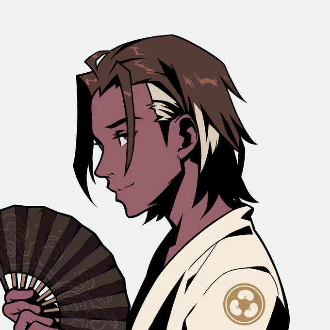 An anime-style illustration of a character with dark skin, dark hair with a white streak, holding a traditional folding fan while wearing a white garment with a circular emblem.
