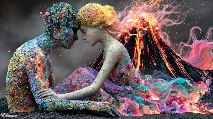 A vibrant, surreal 3D artwork depicting two figures with textured, colorful bodies in an intimate pose against a backdrop of an erupting volcano and swirling pink clouds.