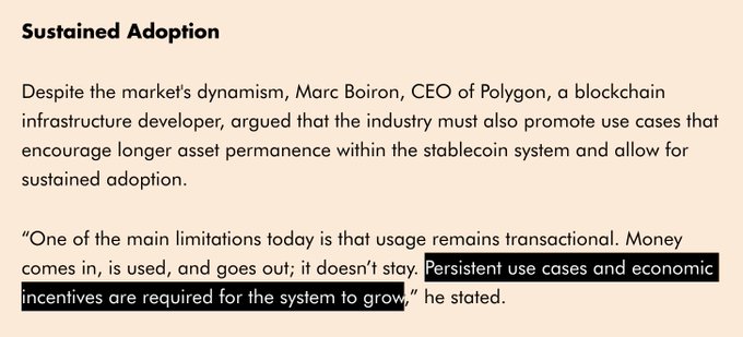 A screenshot of an article featuring Marc Boiron, CEO of Polygon, discussing the need for sustained stablecoin adoption through persistent use cases and economic incentives, rather than purely transactional usage. The highlighted text emphasizes Boiron's quote about requiring "persistent use cases and economic incentives" for the stablecoin system to grow, aligning with the post's theme that interoperability enables movement while sticky use cases ensure stablecoins remain in the ecosystem.