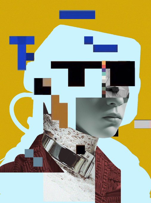 A stylized, collage-style artwork featuring a fragmented portrait of a person wearing sunglasses and a spiked collar against a blue and yellow background.