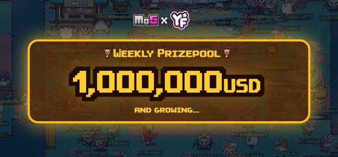 A vibrant pixel-art game screenshot showcases a $1,000,000+ weekly prize pool banner with the text "WEEKLY PRIZEPOOL 1,000,000 USD AND GROWING..." displayed between the MoG (MatchOnGames) and YF (Yieldified) logos, highlighting the growing rewards available to players every Thursday at 4PM UTC.