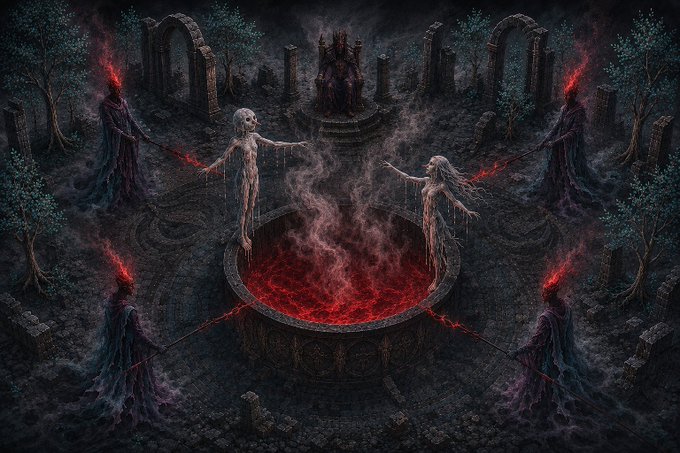 A dark fantasy artwork depicting two pale, ghostly figures facing each other across a steaming crimson cauldron in a ruined ritual circle, surrounded by hooded figures wielding fiery staves beneath a looming throne. The scene captures the ominous, otherworldly atmosphere that complements the post's excitement about the artwork.