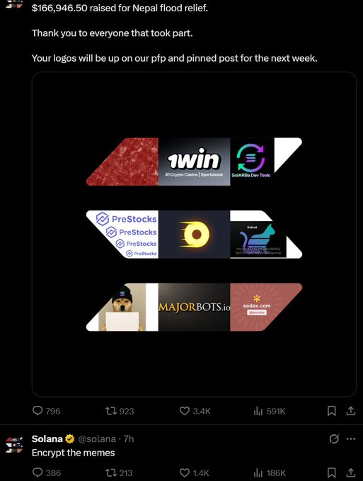 A tweet from @solana announcing $166,946.50 raised for Nepal flood relief, thanking sponsors with logos including 1win, SoLabBA Dev Tools, PreStocks, MAJORBOTS.io, and sodax.com, captioned 'Encrypt the memes'.
