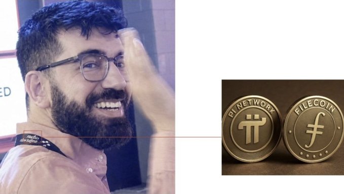 A smiling bearded man with glasses (Nicolas) is pictured alongside two gold coins representing Pi Network (π) and Filecoin (FIL), illustrating his work in building decentralized Web3 infrastructure that integrates Filecoin's IPFS-based storage with Pi Network's ecosystem.