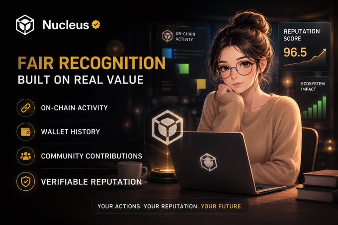 A promotional graphic for Nucleus features a woman with glasses working at a laptop displaying the brand's logo, alongside a "Reputation Score: 96.5" metric, bar charts for "On-Chain Activity" and "Ecosystem Impact," and listed criteria including "Wallet History" and "Community Contributions" beneath the headline "Fair Recognition Built on Real Value." The image visually reinforces the post's message by showcasing Nucleus as a system that quantifies verifiable, on-chain reputation rather than relying on personal connections.