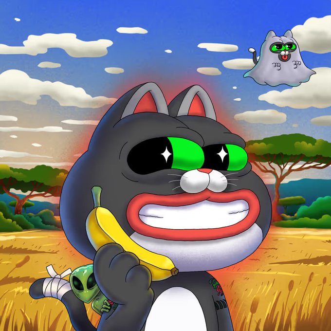 A cartoon black cat with glowing green eyes and a wide grin holds a banana and a green alien toy in a savanna landscape, with a smaller ghostly cat flying in the sky above. The image relates to the post as a PepeCat-themed illustration, celebrating the community of this meme coin.