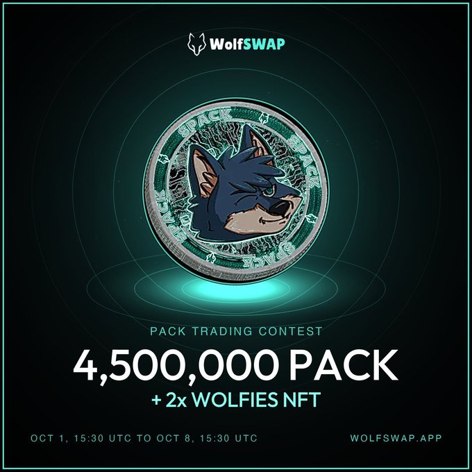 A WolfSWAP advertisement for a 'Pack Trading Contest' offering 4,500,000 PACK plus 2x Wolfies NFT, running Oct 1 to Oct 8.