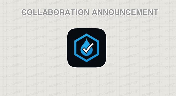 The image displays a "COLLABORATION ANNOUNCEMENT" banner with a black app-style icon featuring a blue hexagon, checkmark, and water drop symbol, set against a white background watermarked with "CloudQuest." This visual supports the CloudQuest post announcing their partnership with InkScore, the on-chain credit score platform, to promote the upcoming InkScore Zenith Mint on OpenSea.