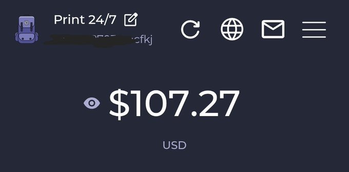 A screenshot of a HashPack wallet shows a balance of $107.27 USD, with the account name "Print 24/7" partially visible, corresponding to the user sharing their wallet information for transparency with their audience.