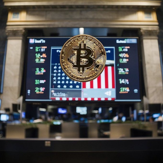 A gold-colored physical Bitcoin coin is held up in front of a blurred digital display board featuring an American flag and various financial data.