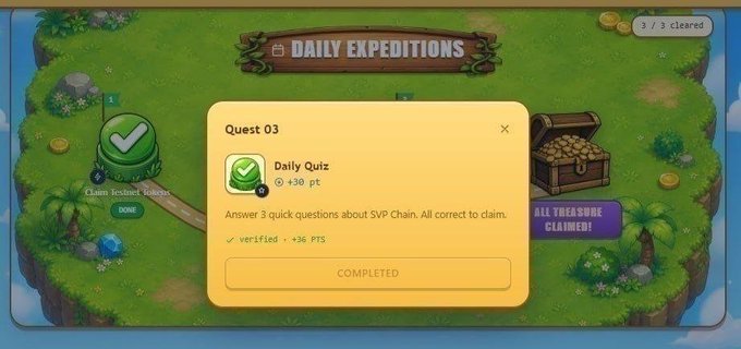 A screenshot of a game interface showing 'DAILY EXPEDITIONS' with a completed 'Quest 03 Daily Quiz' popup displaying '+30 PTS' and a 'COMPLETED' button.