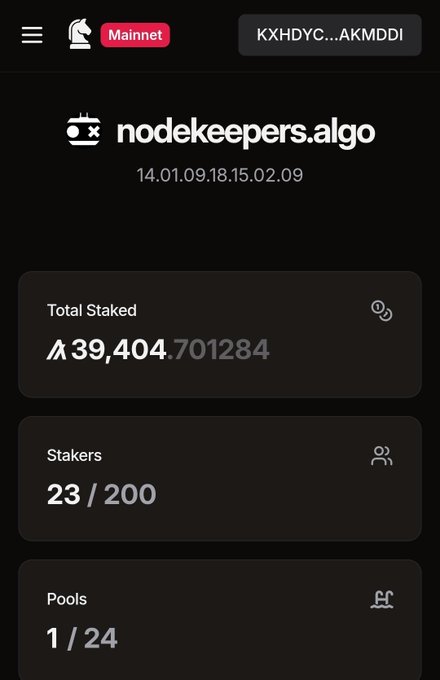 The image shows a screenshot from a mobile device displaying account information for an online gaming community. The screen shows the details of two accounts, including their balances and stake amounts. It appears that the users are participating in a new staking pool called "nodekeepers.algo", with a minimum stake requirement of 30k and a maximum stake amount of 300k. The account data is organized into three sections: account balance, stake amount, and stake type (in this case, "algo" indicating a staking pool).