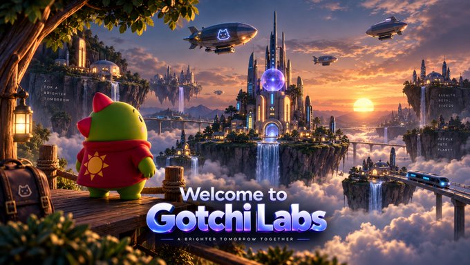 Digital artwork for "Welcome to Gotchi Labs" featuring a green character with a red mohawk overlooking a futuristic floating city at sunset, with text reading "A BRIGHTER TOMORROW TOGETHER".