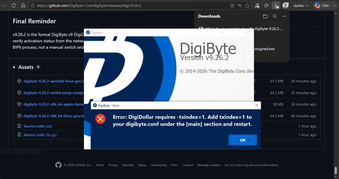A screenshot of a DigiByte v9.26.2 GitHub releases page and application window displaying an error: 'DigiDollar requires -txindex=1. Add txindex=1 to your digibyte.conf under the [main] section and restart.'