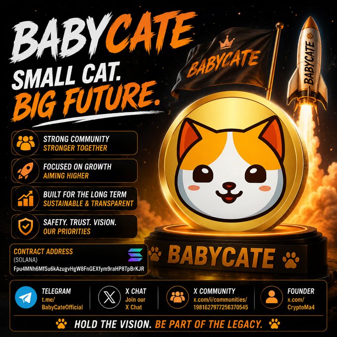 A promotional graphic for the "BABYCATE" meme coin featuring a cute cartoon cat face on a gold coin, set against a space backdrop with a rocket launch and the tagline "SMALL CAT. BIG FUTURE." It includes four key pillars ("Strong Community," "Focused on Growth," "Built for the Long Term," and "Safety. Trust. Vision."), the Solana contract address, and social/contact links (Telegram, X Chat, X Community, and Founder), visually reinforcing the post's message of building a strong, transparent community around the project.