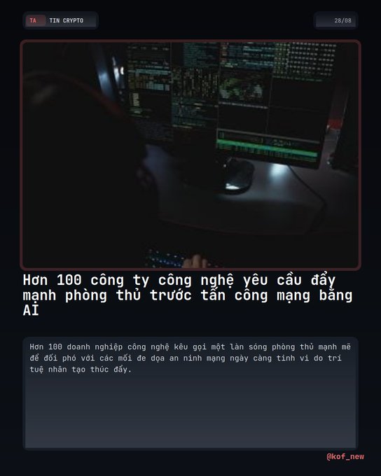 A dark image shows a hooded figure working at a multi-monitor setup displaying code and data, above Vietnamese text reading "Hơn 100 công ty công nghệ yêu cầu đẩy mạnh phòng thủ trước tấn công mạng bằng AI" (Over 100 tech companies demand stronger defenses against AI cyberattacks), with the post referencing major firms like OpenAI, Google, Microsoft, and Solana amid rising AI-driven threats.