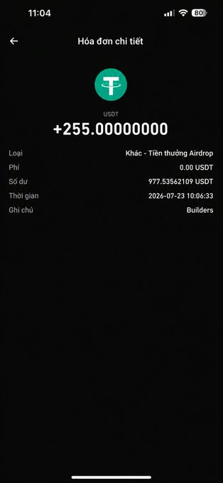 A mobile screenshot of a transaction details page showing an airdrop reward of +255.00000000 USDT with a balance of 977.53662109 USDT, dated 2026-07-23.
