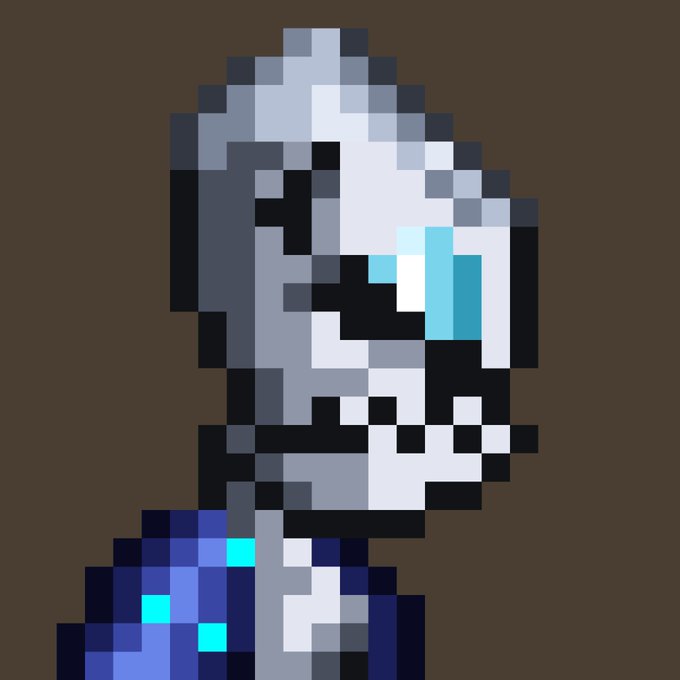 A pixel art style image showing a silver robotic or skeletal figure with a teal visor against a solid brown background.