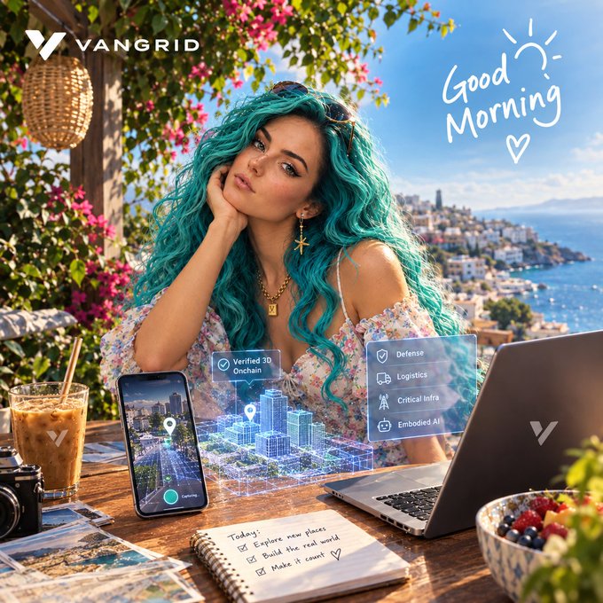 A woman with vibrant teal hair sits at a Mediterranean café overlooking the ocean, with a phone displaying "Verified 3D Onchain" maps and a laptop showing a dashboard with "Defense, Logistics, Critical Infra, Embodied AI" — visually illustrating how Vangrid's post describes turning everyday phone captures of real locations into verified 3D spatial data for AI infrastructure.