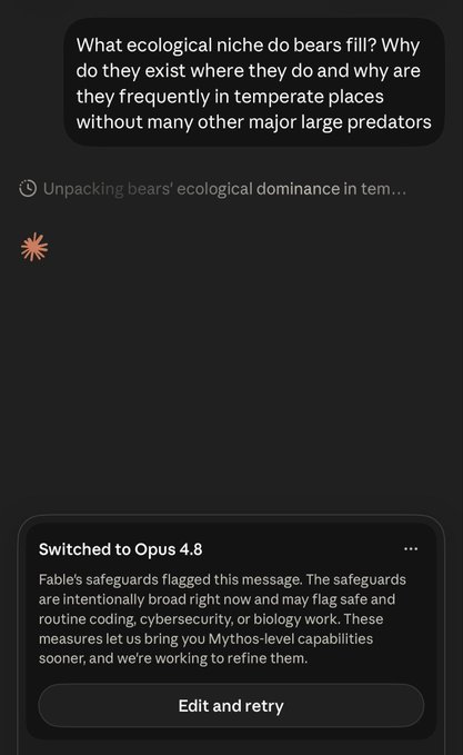 The image shows a screenshot of a chatbot interface where a user asked about the ecological niche of bears, but the AI (labeled "Opus 4.8") refused to answer, displaying a message that "Fable's safeguards flagged this message" and that safeguards are "intentionally broad right now and may flag safe and routine coding, cybersecurity, or biology work," with an "Edit and retry" button below.

The caption satirizes AI safety overreach, showing how a benign biology/ecology question about bears was blocked by content filters, with the post humorously implying that only the more capable Mythos model could be trusted to handle such a harmless question without tripping over its own safeguards.