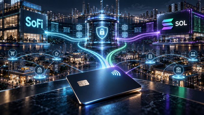 A glowing credit card at the center of a futuristic cityscape projects light streams connecting to "SoFi" and "SOL" signs, alongside blockchain icons and fintech symbols, visually representing SoFi's integration of stablecoin settlement with traditional card payments. The image illustrates the concept that crypto's payments revolution will happen invisibly behind familiar swipe transactions, as Mastercard processes SoFi's projected $25B+ annual card program through blockchain rails.
